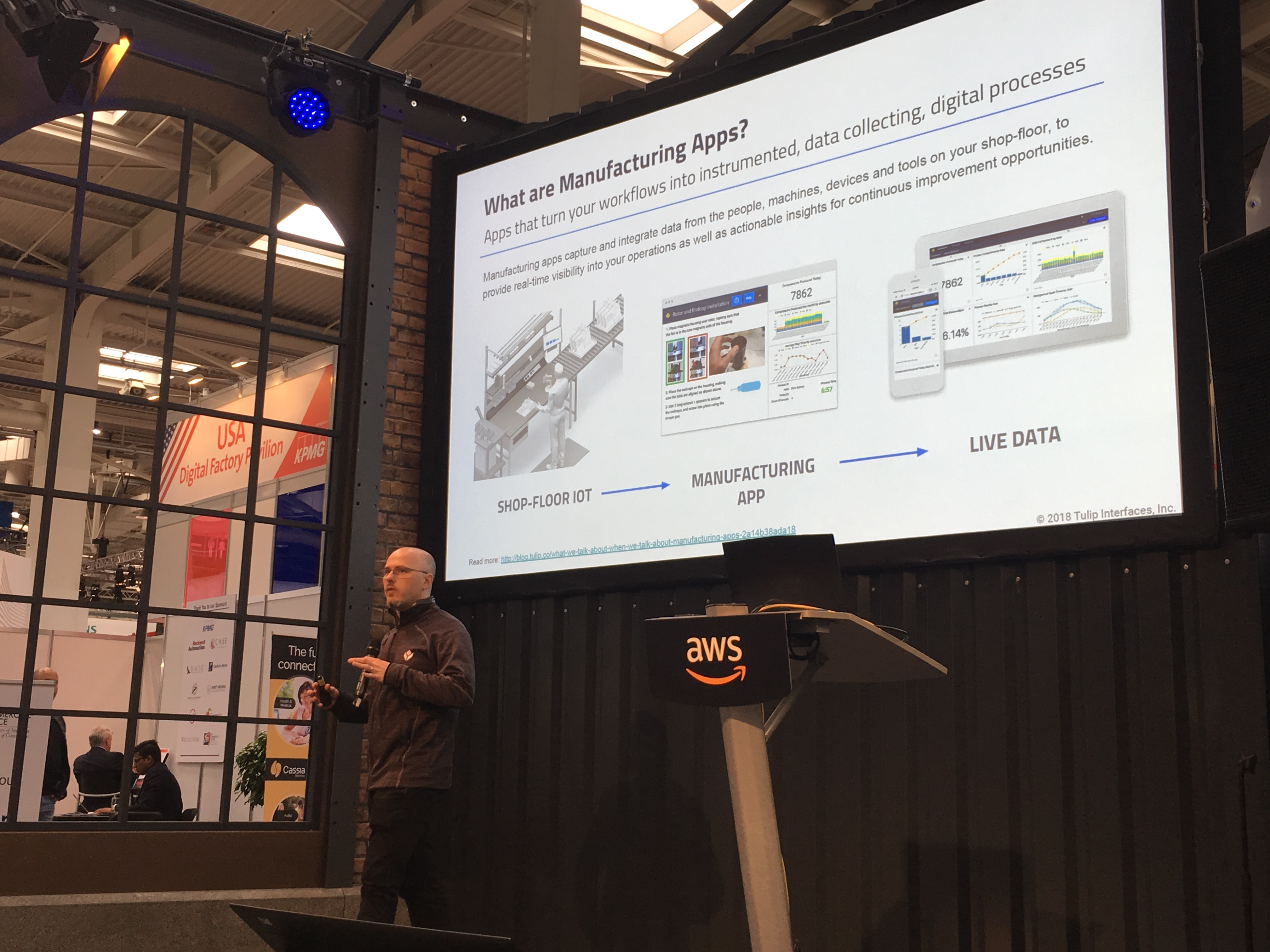 Rony Kubat, Tulip's Co-founder, delivering a lecture at the AWS Pavilion in Hannover Messe